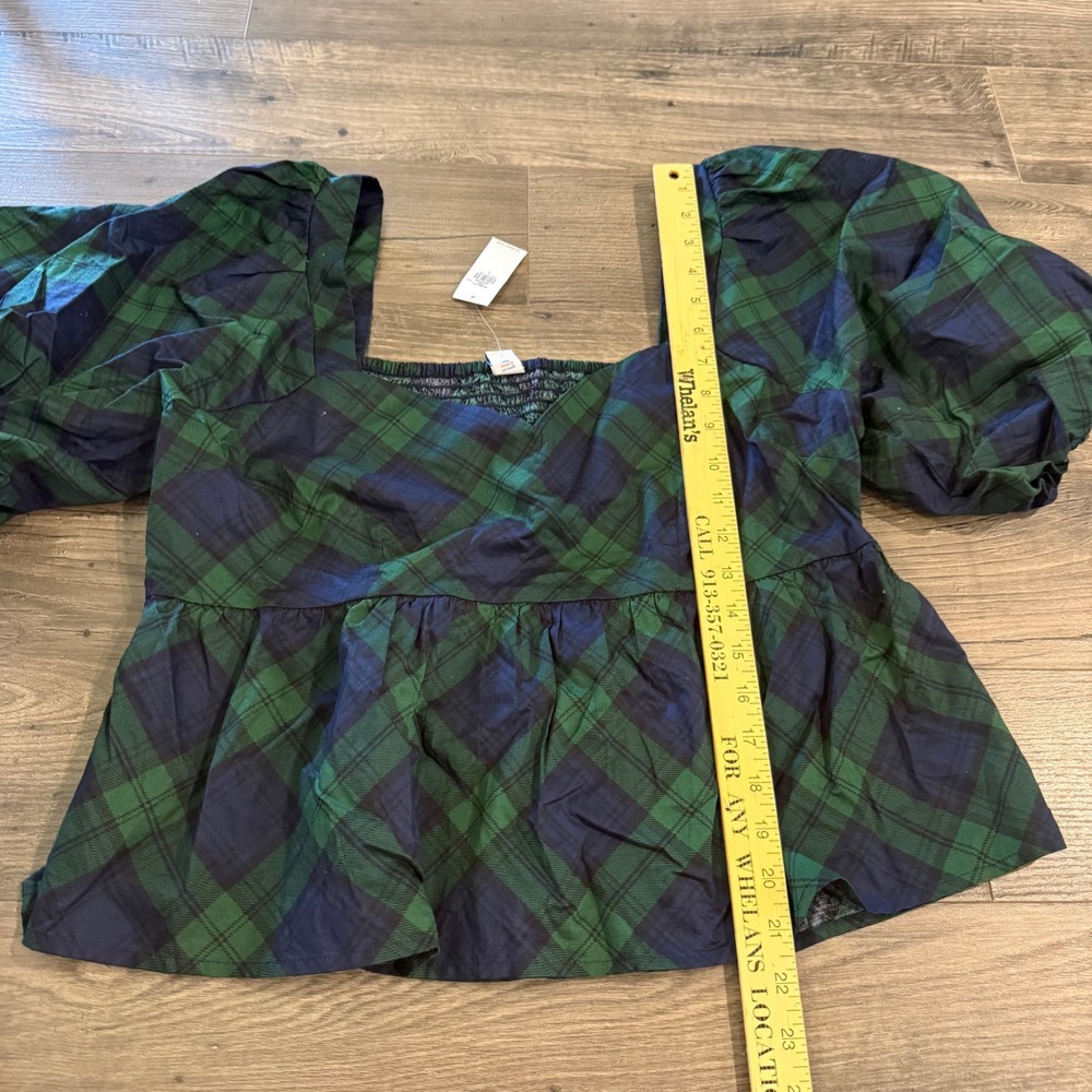 Old Navy Green Navy Plaid Puff Sleeve Peplum Top Sweetheart Neck Smocked Large - Picture 4 of 10